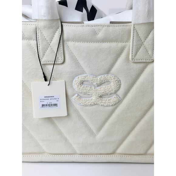 Sandro Kasbah Quilted Canvas Tote Bag Beige Cream Ecru Logo Minimalist $320 NWT - Picture 8 of 13